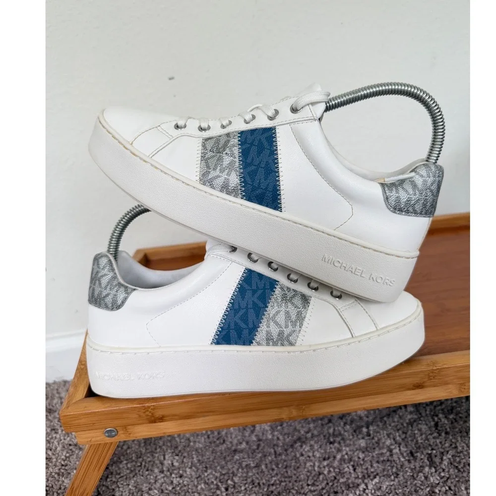 Michael Kors Poppy White Platform Sneakers Blue Silver Logo Stripe LS24J Sz 8.5